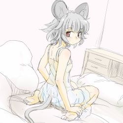 Rule 34 | 1girl, animal ears, bare shoulders, barefoot, bed, camisole, feet, female focus, from behind, grey hair, hands on feet, ishikkoro, looking at viewer, looking back, mouse ears, mouse tail, nazrin, on bed, panties, pillow, plantar flexion, red eyes, see-through, short hair, sitting, sketch, soles, solo, tail, toes, touhou, underwear, underwear only, v, wariza