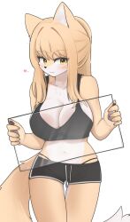 Rule 34 | 1girl, against glass, animal ear fluff, animal ears, animal nose, black panties, black shorts, black sports bra, blonde hair, blush, body fur, breast press, breasts, breasts on glass, closed mouth, fox ears, fox girl, fox tail, furry, furry female, heart, highres, jeifier (korfiorano01), large breasts, light smile, long hair, looking at viewer, navel, original, panties, pawpads, shorts, simple background, snout, solo, sports bra, sportswear, tail, two-tone fur, underwear, white fur, yellow eyes, yellow fur