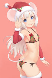 Rule 34 | 1girl, animal ears, ass, bikini, blue eyes, breasts, christmas, cowboy shot, cristalavi, detached sleeves, diagonal stripes, fur trim, halterneck, hat, highres, long hair, looking at viewer, looking back, mouse ears, mouse tail, original, pink background, red background, santa hat, side-tie bikini bottom, simple background, small breasts, smile, solo, striped bikini, striped clothes, swimsuit, tail, thighhighs, white hair