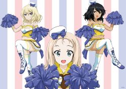 Rule 34 | 3girls, :d, absurdres, alternate costume, andou (girls und panzer), armband, artist name, beret, black hair, black neckerchief, blonde hair, blue background, blue bow, blue eyes, boots, bow, brown eyes, cheerleader, closed mouth, clothes writing, commentary, cross-laced footwear, dark-skinned female, dark skin, dated, double horizontal stripe, drill hair, english text, girls und panzer, green eyes, half-closed eyes, hat, hat bow, highres, holding, holding pom poms, lace, lace-trimmed shirt, lace-up boots, lace trim, leg up, logo, long hair, looking at viewer, marie (girls und panzer), medium hair, messy hair, midriff, mini hat, miniskirt, multicolored background, multiple girls, navel, neckerchief, open mouth, oshida (girls und panzer), pleated skirt, pom pom (cheerleading), pom poms, red background, sailor collar, shirt, skirt, smile, standing, standing on one leg, strapless, striped, striped background, symmetry, thighhighs, tilted headwear, tonan leopard, tube top, white footwear, white headwear, white legwear, white shirt, white skirt