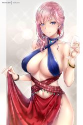 Rule 34 | 1girl, bangle, blue eyes, blurry, blush, bokeh, bracelet, breasts, choker, cleavage, closed mouth, clothes lift, covered erect nipples, cowboy shot, criss-cross halter, cup, depth of field, dress, dress lift, drinking glass, earrings, fate/grand order, fate (series), glint, groin, hair ornament, hair over shoulder, halterneck, holding, holding cup, jewelry, large breasts, leaf print, lifted by self, long hair, looking at viewer, low ponytail, magatama, miyamoto musashi (fate), nail polish, navel, no panties, outside border, patreon username, pink hair, pink nails, rei kun, sidelocks, smile, solo, thighs, underboob, wavy hair, wine glass