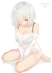 Rule 34 | 10s, 1girl, alternate costume, artist name, bare legs, bare shoulders, barefoot, between legs, blue eyes, blush, breasts, cleavage, closed mouth, collarbone, frown, full body, hair ornament, hair over one eye, hairclip, hamakaze (kancolle), hand between legs, isshiki (ffmania7), kantai collection, large breasts, long sleeves, looking away, looking down, no pants, off shoulder, see-through, shirt, short hair, silver hair, simple background, sitting, solo, toes, wariza, white background, white shirt
