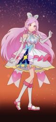 Rule 34 | 1girl, blush, boots, bow, commentary, cosplay, crossover, cure passion, cure prism, cure prism (cosplay), dress, elbow gloves, eyelashes, fpminnie1, fresh precure!, gloves, gradient background, hair bow, hair ornament, happy, higashi setsuna, highres, hirogaru sky! precure, in-franchise crossover, knee boots, long hair, looking at viewer, magical girl, pink eyes, pink hair, precure, sketch, smile, solo, standing, symbol-only commentary, white dress, white gloves
