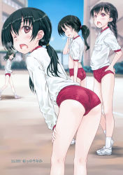 Rule 34 | 4girls, aged down, ass, black hair, blush, braid, brown eyes, buruma, child, closed eyes, comic rin, flat chest, focke wulf, gym uniform, hands on own hips, highres, kneepits, leaning, leaning forward, long hair, looking back, multiple girls, one eye closed, open mouth, original, ponytail, shoes, short hair, sneakers, socks, sweat, twin braids, twintails, wink