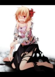 Rule 34 | 1girl, bad id, bad pixiv id, barefoot, blonde hair, blush, breasts, burnt clothes, crying, fang, female focus, hair ribbon, highres, letterboxed, looking at viewer, one eye closed, open mouth, panties, pink panties, red eyes, ribbon, rumia, scratches, shirt, sitting, skirt, slit pupils, small breasts, solo, tears, torn clothes, torn panties, torn shirt, torn skirt, touhou, tsukishiro saika, undershirt, underwear, wariza, wink