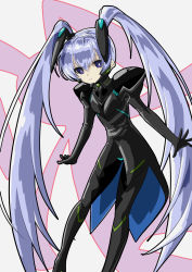Rule 34 | 1girl, black gloves, eyebrows hidden by hair, fortified suit, gloves, hair behind ear, highres, juliet sleeves, kamon rider, leaning forward, long hair, long sleeves, muv-luv, muv-luv alternative, open hands, parted lips, pilot suit, puffy sleeves, purple eyes, silver hair, solo, twintails, very long hair, yashiro kasumi