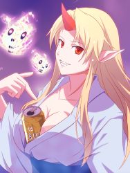 Rule 34 | 1girl, alcohol, beer, between breasts, blonde hair, breasts, can, cleavage, female focus, fujino (yoshi9798174), grin, highres, hitodama, horns, hoshiguma yuugi, large breasts, pointy ears, red eyes, single horn, smile, solo, touhou