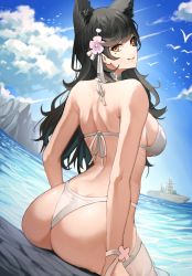 Rule 34 | 1girl, absurdres, animal ears, ass, atago (azur lane), atago (summer march) (azur lane), atago (summer march) (azur lane), azur lane, bikini, bird, black hair, blue sky, boat, breasts, choker, closed mouth, cloud, commentary, day, extra ears, flower, from behind, hair flower, hair ornament, highres, long hair, looking at viewer, looking back, medium breasts, mole, mole under eye, mountainous horizon, netural, outdoors, pink flower, sideboob, sky, smile, solo, swimsuit, watercraft, white bikini, white choker, yellow eyes