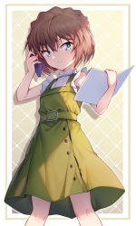 Rule 34 | 1girl, bare shoulders, belt, blue eyes, brown hair, commentary request, dress, green belt, green dress, haibara ai, hands up, highres, holding, holding phone, looking at viewer, meitantei conan, parted lips, phone, pinafore dress, shiny skin, short hair, sleeveless, sleeveless dress, solo, taro (ultrataro), teeth