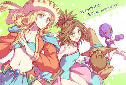 Rule 34 | 2girls, bad id, bad pixiv id, bare shoulders, beard, blonde hair, blue eyes, breasts, brown hair, candy mintblue, character request, cleavage, facial hair, hagiwara rin, hair tie, hat, hat over eyes, heroine (magical vacation), jacket, magical vacation, midriff, multiple girls, navel, purple eyes, sparkle, translation request