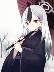 Rule 34 | 1girl, absurdres, bare tree, black horns, black kimono, blue archive, bright pupils, choker, closed mouth, hair ornament, hairclip, halo, highres, holding, holding umbrella, horns, japanese clothes, kayoko (blue archive), kayoko (new year) (blue archive), kimono, long hair, looking at viewer, multicolored hair, noto (user dajk3722), oil-paper umbrella, red eyes, red umbrella, smile, snow, solo, streaked hair, striped horns, tree, umbrella, white hair, white pupils, wide sleeves, winter
