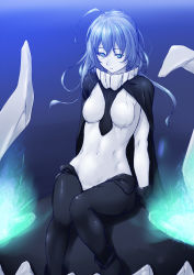 Rule 34 | 10s, 1girl, ahoge, black legwear, blue eyes, cape, collar, gloves, glowing, gradient background, grey hair, highres, kantai collection, long hair, looking at viewer, niwatazumi, sitting, solo, tentacles, tight clothes, underwater, wo-class aircraft carrier