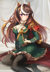 Rule 34 | 1girl, absurdres, aiguillette, animal ears, ascot, black footwear, black thighhighs, blush, breasts, brown hair, buttons, cape, closed mouth, commentary request, double-breasted, earrings, epaulettes, green jacket, green skirt, hair between eyes, hanamura pink, high heels, highres, horse ears, horse girl, horse tail, jacket, jewelry, long hair, long sleeves, medal, medium breasts, multicolored hair, petticoat, purple eyes, red cape, side cape, single earring, single epaulette, sitting, skirt, smile, solo, streaked hair, symboli rudolf (umamusume), tail, thighhighs, umamusume, very long hair, white ascot, white hair, yokozuwari