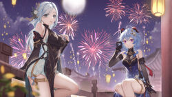 Rule 34 | 2girls, absurdres, adjusting hair, against railing, ahoge, aqua nails, bare shoulders, black dress, black gloves, black sleeves, blue hair, breasts, chinese commentary, cleavage, commentary request, cowboy shot, detached sleeves, dress, fireworks, flag888, flower, full moon, ganyu (genshin impact), ganyu (twilight blossom) (genshin impact), genshin impact, gloves, goat horns, green eyes, hair flower, hair ornament, hand on own chest, hand up, highres, horns, lantern, leg up, light blue hair, light blush, long hair, looking at viewer, medium breasts, moon, multiple girls, night, night sky, on railing, outdoors, paper lantern, parted lips, pelvic curtain, purple eyes, railing, see-through, see-through cleavage, shenhe (frostflower dew) (genshin impact), shenhe (genshin impact), short hair with long locks, sky, sleeveless, sleeveless dress, smile, tassel, thighlet, thighs, very long hair, vision (genshin impact), white hair