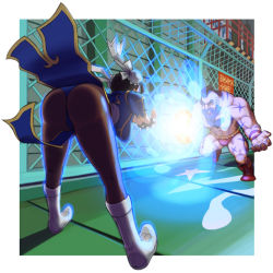 Rule 34 | 1boy, 1girl, ass, battle, bent over, boots, breasts, cameltoe, capcom, china dress, chinese clothes, chun-li, dress, energy ball, fire, from behind, gate, hanging breasts, kikouken, knee boots, large breasts, legs, legs apart, maruta kentarou, panties, pantyhose, pelvic curtain, street fighter, thighs, thong, underwear, zangief