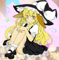 Rule 34 | 1girl, animal ears, ass, black footwear, black skirt, black vest, blush, bow, braid, brown eyes, colorized, dog ears, eyebrows, eyes visible through hair, floral background, frilled skirt, frilled socks, frills, hands on own knees, hat, hat bow, highres, ichinose natsuki, kirisame marisa, long hair, looking at viewer, marei yamato/kuro, mary janes, multicolored background, shirt, shoes, single braid, skirt, skirt set, smile, socks, solo, touhou, turtleneck, very long hair, vest, white shirt, white socks, witch hat