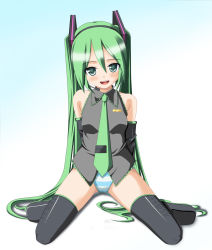 Rule 34 | 1girl, arms behind back, black thighhighs, blush, breasts, colorized, detached sleeves, green eyes, green hair, hatsune miku, highres, hoshino sora, long hair, looking at viewer, matching hair/eyes, necktie, open mouth, panties, small breasts, smile, solo, striped clothes, striped panties, thighhighs, twintails, underwear, very long hair, vocaloid