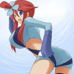 Rule 34 | 1girl, ass, blue eyes, breasts, creatures (company), game freak, gym leader, happy, huge breasts, leaning forward, long hair, looking at viewer, midriff, nintendo, open mouth, pokemon, red hair, skyla (pokemon), smile, solo