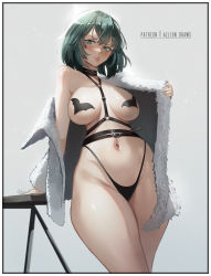 Rule 34 | 1girl, absurdres, aelion draws, areola slip, artist name, belt, black panties, blush, breasts, coat, commentary, english commentary, fubuki (one-punch man), fur coat, green eyes, green hair, grey background, groin, highleg, highleg panties, highres, large breasts, looking at viewer, navel, o-ring, one-punch man, open clothes, open coat, panties, parted lips, pasties, patreon username, short hair, simple background, single bare shoulder, solo, thick thighs, thighs, underwear, wide hips