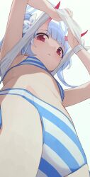 Rule 34 | 1girl, :o, bikini, blue archive, blue halo, blush, chise (blue archive), chise (swimsuit) (blue archive), clothes lift, commentary request, from below, halo, highres, hiroki (yyqw7151), horns, lifting own clothes, looking at viewer, navel, official alternate costume, red eyes, red horns, shirt, shirt lift, simple background, solo, striped bikini, striped clothes, swimsuit, upshorts, white background, white shirt