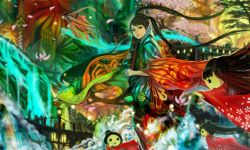 Rule 34 | 6+girls, black hair, bridge, cherry blossoms, colorful, digitalome, fantasy, floating hair, floral print, flying, instrument, japanese clothes, kimono, lamppost, light, long hair, looking at viewer, mini person, minigirl, multiple girls, original, petals, rainbow, smile, smoke, traditional youkai, twintails, very long hair