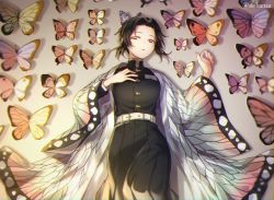 Rule 34 | 1girl, bad google+ id, bad id, belt, belt buckle, black hair, black pants, buckle, bug, butterfly, feet out of frame, forehead, from above, half-closed eyes, hand on own chest, haori, insect, japanese clothes, kimetsu no yaiba, kochou shinobu, long sleeves, looking at viewer, lying, md5 mismatch, on back, pants, parted lips, purple eyes, shiobana, short hair, sidelocks, solo, third-party source, twitter username, uniform, wide sleeves