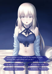 Rule 34 | 1girl, :o, absurdres, alternate costume, artoria pendragon (all), artoria pendragon (fate), bare shoulders, besmiled, blonde hair, blush, breasts, choice, collarbone, dialogue options, english text, fate/grand order, fate (series), hair between eyes, highres, indoors, lingerie, long hair, longdq3008, looking at viewer, medium breasts, navel, off shoulder, on bed, pale skin, pillow, quiz, saber alter, sitting, solo, stomach, underwear, who wants to be a millionaire, yellow eyes