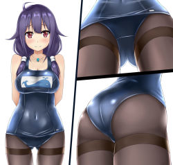 Rule 34 | 10s, 1girl, ahoge, animal print, arms behind back, ass, bad id, bad nicoseiga id, bare shoulders, blue one-piece swimsuit, blunt bangs, blush, breasts, brown pantyhose, cleavage, closed mouth, collarbone, covered navel, cowboy shot, fish print, from behind, from below, gluteal fold, hair over shoulder, hair tubes, highres, jewelry, kantai collection, large breasts, long hair, looking at viewer, low twintails, lower body, magatama, multiple views, necklace, one-piece swimsuit, pantyhose, pantyhose under swimsuit, pendant, pink eyes, raised eyebrows, school swimsuit, simple background, standing, swimsuit, taigei (kancolle), tareme, terakoya, thighband pantyhose, twintails, whale print, white background