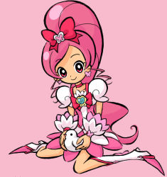 Rule 34 | 10s, 1girl, bird, boots, bow, brooch, choker, cure blossom, earrings, full body, hair bow, hanasaki tsubomi, heart, heart brooch, heartcatch precure!, jewelry, knee boots, long hair, magical girl, magmaxashi, pink background, pink bow, pink hair, pink theme, ponytail, precure, red eyes, simple background, sitting, smile, solo, wariza