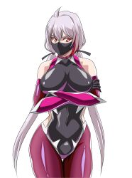 Rule 34 | 1girl, akuron (acllon), alternate costume, bare shoulders, black gloves, black mask, black ribbon, breasts, clothing cutout, collar, commentary, cowboy shot, crossed arms, gloves, grey hair, hair between eyes, hair ribbon, highres, kosetsu (shinobi no ittoki), large breasts, long hair, looking at viewer, low twintails, multicolored hair, ninja, red eyes, red hair, ribbon, shinobi no ittoki, side cutout, solo, streaked hair, taimanin suit, thigh gap, twintails
