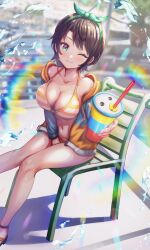 Rule 34 | 1girl, absurdres, arm between legs, bare legs, bikini, black hair, blurry, blurry background, bow, breasts, chair, cleavage, collarbone, commentary, cup, drinking straw, feet out of frame, green eyes, hair bow, highres, holding, holding cup, hololive, jacket, knees together feet apart, large breasts, legs, lens flare, looking at viewer, marina, nail polish, one eye closed, oozora subaru, oozora subaru (hololive summer 2019), orange bikini, orange jacket, outdoors, railing, revision, sandals, sitting, smile, solo, striped bikini, striped clothes, swimsuit, thighs, virtual youtuber, wajuniorbox