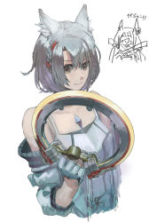 Rule 34 | 2girls, absurdres, animal ears, breasts, cat ears, chest jewel, collarbone, highres, jacket, looking at viewer, mio (xenoblade), multiple girls, nia (blade) (xenoblade), nia (xenoblade), nukakarubepu, short hair, simple background, small breasts, smile, tank top, weapon, white hair, white jacket, white tank top, xenoblade chronicles (series), xenoblade chronicles 2, xenoblade chronicles 3, yellow eyes