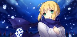 Rule 34 | 1girl, ahoge, artoria pendragon (all), artoria pendragon (fate), blonde hair, fate/stay night, fate (series), green eyes, himaya, official alternate costume, saber (fate), scarf, snowflakes, solo, winter clothes
