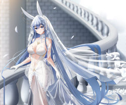 Rule 34 | 1girl, animal ears, azur lane, blurry, blurry background, blush, breasts, bridal veil, choker, crossed bangs, dress, fake animal ears, feathers, flower, gloves, hand rest, highres, large breasts, long hair, looking at viewer, new jersey (azur lane), new jersey (snow-white ceremony) (azur lane), purple hair, qing wu, rabbit ears, revealing clothes, see-through, skirt hold, smile, solo, stairs, standing, star (symbol), veil, very long hair, wedding dress, white choker, white flower, white gloves