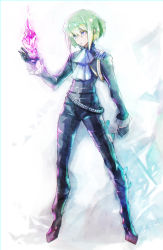 Rule 34 | 1boy, androgynous, ascot, az rei, biker clothes, bishounen, fire, floating, gloves, green hair, half gloves, highres, lio fotia, mad burnish, male focus, promare, purple fire, pyrokinesis, short hair, solo, standing