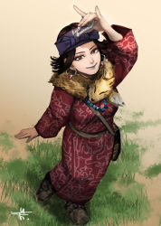 Rule 34 | 1girl, ainu clothes, arm up, black eyes, black hair, blue lips, closed mouth, from above, full body, golden kamuy, grass, headband, holding, inkarmat, long sleeves, mitsuya, purple headband, scarf, short hair, smile, solo