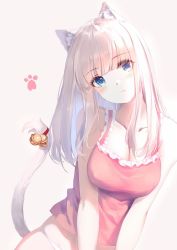 Rule 34 | 1girl, animal ear fluff, animal ears, bare arms, bare shoulders, bell, blue eyes, blunt bangs, blush, breasts, caidychen, cat ears, cleavage, closed mouth, collarbone, commentary, frilled straps, frills, head tilt, highres, jingle bell, large breasts, leaning to the side, light frown, long hair, looking at viewer, midriff, no pants, original, pale skin, panties, paw print, pink tank top, sleeveless, solo, straight hair, tail, tail bell, tail ornament, tank top, underwear, underwear only, v arms, white background, white hair, white panties