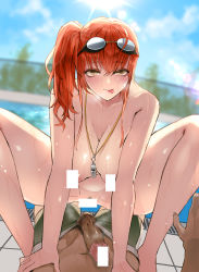 Rule 34 | 1boy, 1girl, absurdres, azur lane, bang5410, bar censor, blue sky, breasts, brown eyes, censored, censored nipples, cleavage, collarbone, commission, cowgirl position, dark-skinned male, dark skin, erection, fence, girl on top, goggles, goggles on head, green shorts, hair between eyes, hetero, highres, korean commentary, lying, male pubic hair, nude, on back, out of frame, outdoors, penis, pool, pov, pubic hair, sex, shorts, side ponytail, sky, spread legs, squatting, straddling, sun, testicles, tile floor, tiles, tongue, tongue out, vaginal, wet, whistle, whistle around neck, zara (azur lane), zara (poolside coincidence) (azur lane)