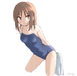 Rule 34 | 1girl, bare arms, bare shoulders, blue one-piece swimsuit, blush, breasts, brown eyes, brown hair, closed mouth, collarbone, commentary request, competition school swimsuit, covered navel, cropped legs, holding, holding towel, leaning forward, long hair, new school swimsuit, okano kei, one-piece swimsuit, parted lips, school swimsuit, signature, simple background, small breasts, solo, swimsuit, towel, umiroku, v-shaped eyebrows, wet, white background, yuyushiki