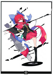 Rule 34 | 1girl, absurdres, adapted costume, alternate costume, asymmetrical legwear, barefoot, black legwear, cape, covering own mouth, full body, hair ornament, hair ribbon, highres, ideolo, long sleeves, looking at viewer, outstretched arm, red eyes, red hair, ribbon, scan, sekibanki, shirt, short hair, simple background, skirt, socks, solo, touhou, uneven legwear, vest, white background, white socks, wide sleeves