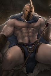 Rule 34 | 1boy, abs, arrow (projectile), bara, bare pectorals, beard, blue cape, bulge, cape, chest hair, dopey (dopq), facial hair, feet out of frame, helmet, highres, holding, holding arrow, large pectorals, male focus, male pubic hair, mature male, muscular, muscular male, mustache, navel, navel hair, nipples, original, paid reward available, pantheon (league of legends), pectorals, pelvic curtain, pubic hair, revealing clothes, scar, scar on chest, short hair, solo, spread legs, stomach, thick eyebrows, thick thighs, thighs