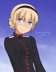 Rule 34 | 1girl, 2020, artist name, black hair, blonde hair, blue sky, bookmarkahead, braid, cloud, dated, french braid, hair between eyes, hairband, highres, looking at viewer, military, military uniform, noble witches, rosalie de hemricourt de grunne, short hair, sky, smile, uniform, upper body, world witches series