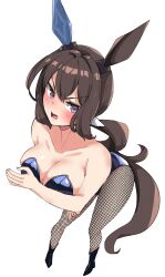 Rule 34 | 1girl, admire vega (umamusume), alternate costume, animal ears, bare shoulders, black footwear, black leotard, blush, boots, bow, breasts, brown hair, cleavage, collarbone, commentary request, ear covers, fishnet pantyhose, fishnets, full body, hair between eyes, harukazetabiji, highres, horse ears, horse girl, horse tail, large breasts, leotard, long hair, nontraditional playboy bunny, open mouth, pantyhose, partial commentary, simple background, single ear cover, solo, strapless, strapless leotard, tail, umamusume, v-shaped eyebrows, white background, white bow