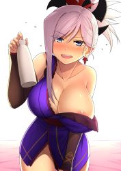 Rule 34 | 1girl, alcohol, areola slip, asymmetrical hair, bare shoulders, bed, bed sheet, blue eyes, blush, bottle, breasts, detached sleeves, drunk, earrings, fate/grand order, fate (series), hair ornament, highres, holding, japanese clothes, jewelry, kimono, large breasts, miyamoto musashi (fate), miyamoto musashi (first ascension) (fate), nipple slip, nipples, no bra, no panties, open mouth, oyaji-sou, pink hair, ponytail, sake, sash, simple background, solo, thighs, tokkuri, undressing