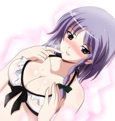 Rule 34 | 1girl, anyohase, bare shoulders, bikini, blue eyes, blush, braid, breasts, cleavage, finger to mouth, frilled bikini, frills, hand on own chest, izayoi sakuya, large breasts, lipstick, looking at viewer, makeup, midriff, nose blush, short hair, silver hair, solo focus, swimsuit, touhou, twin braids, wet, white bikini