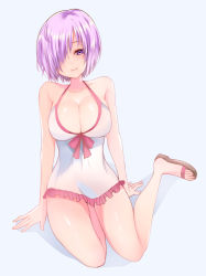 Rule 34 | 1girl, amakusa itsuki, bad id, bad pixiv id, bikini, blush, breasts, cleavage, collarbone, fate/grand order, fate (series), front-tie top, hair over one eye, large breasts, light purple hair, looking at viewer, mash kyrielight, mash kyrielight (swimsuit of perpetual summer), navel, official alternate costume, parted lips, pink bikini, purple eyes, short hair, side-tie bikini bottom, simple background, sitting, solo, strap pull, swimsuit, towel, wariza, white background
