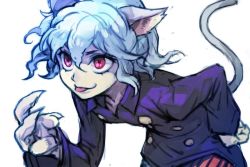 Rule 34 | :p, androgynous, animal ears, bent over, blue hair, cat ears, cat tail, claws, gender request, hair between eyes, hungry clicker, hunter x hunter, jacket, leaning forward, long sleeves, neferpitou, other focus, purple hair, purple jacket, red eyes, short hair, simple background, smile, solo, tail, tongue, tongue out, white background, wing collar