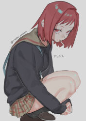 Rule 34 | 1girl, absurdres, bag, cigarette, feet out of frame, flcl, foot out of frame, highres, lips, long sleeves, looking at viewer, plaid, plaid skirt, red hair, sailor collar, samejima mamimi, school uniform, serafuku, short hair, simple background, skirt, smoking, solo, sukuyo onaka