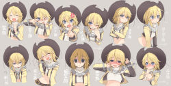 Rule 34 | 1girl, :d, anger vein, angry, blonde hair, blue eyes, blush, cowboy hat, cropped jacket, crossed arms, crying, drooling, embarrassed, empty eyes, female focus, grey background, happy, hat, highres, midriff, navel, one eye closed, open mouth, pointing, pout, short hair, simple background, smile, solo, sonolar, summon night, summon night 3, tears, umino hotate, cowboy western