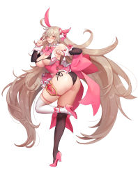 Rule 34 | 1girl, absurdres, asymmetrical legwear, bare shoulders, black panties, blonde hair, blush, breasts, cleavage, detached sleeves, dress, faucre the evil overlord, hair ornament, high heels, highres, large breasts, last origin, long hair, mismatched legwear, panties, side-tie panties, sleeveless, solo, string bra, thigh strap, thighhighs, underwear, very long hair, white background, y.i. (lave2217), yellow eyes